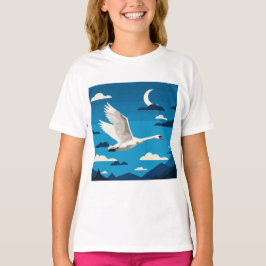 A white swan flying in the night sky tシャツ