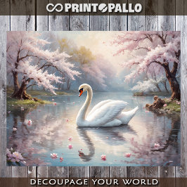 A white swan on a lake in a pink world - Decoupage ラッピングペーパーシート