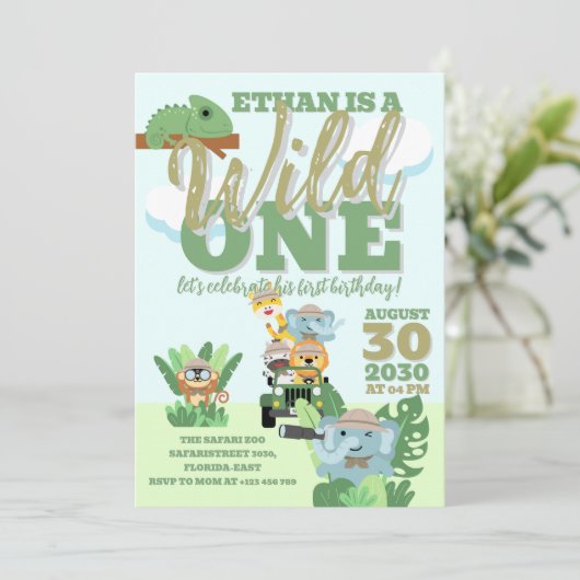 A Wild One Safari Birthday Party Jungle Theme 招待状 (スタンド正面)