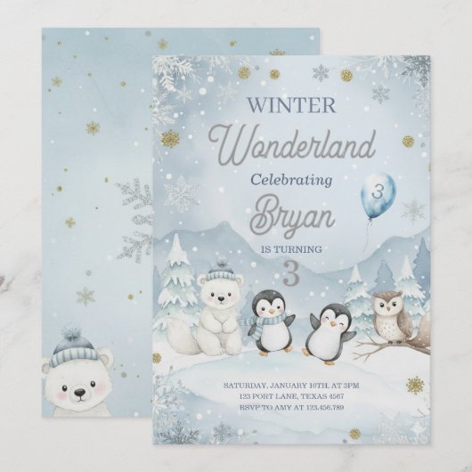 A Wild Winter Wonderland Birthday 招待状 (正面/裏面)