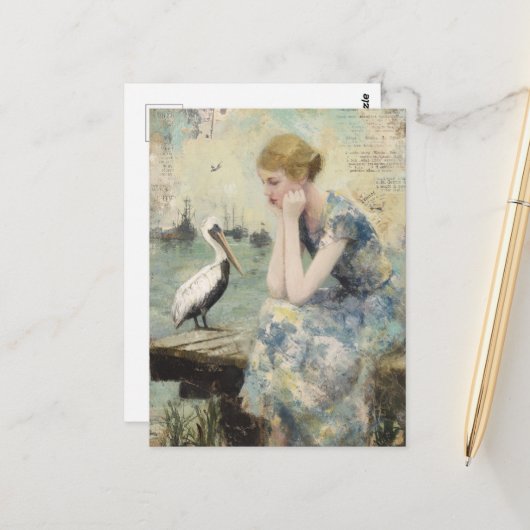 A Woman and a Pelican Mixed Media Collage ポストカード (正面/裏面インサイチュ)