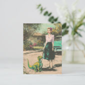 A woman walks her pet tiny Dino ポストカード (スタンド正面)