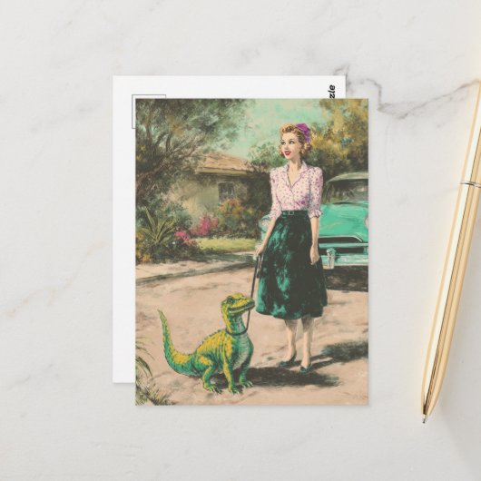 A woman walks her pet tiny Dino ポストカード (正面/裏面インサイチュ)