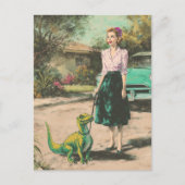 A woman walks her pet tiny Dino ポストカード (正面)