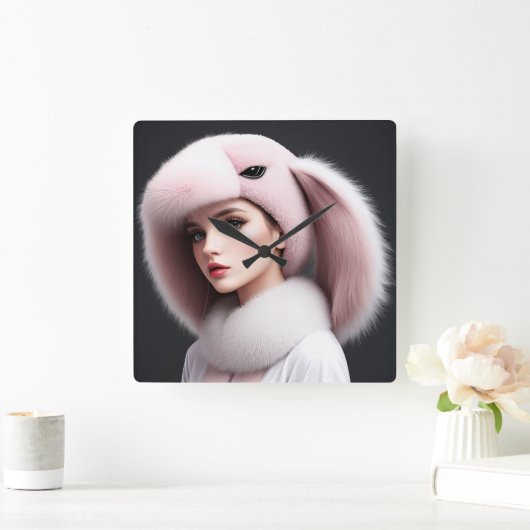 A woman wearing a rabbit hat スクエア壁時計 (ホーム)