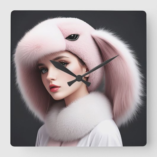 A woman wearing a rabbit hat スクエア壁時計 (正面)