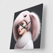 A woman wearing a rabbit hat スクエア壁時計 (傾斜)