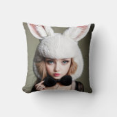 A woman wearing a rabbit hat and a black bow tie クッション (正面)