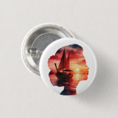a woman's head enveloping a sunset with a sailboat 缶バッジ (正面&裏面)