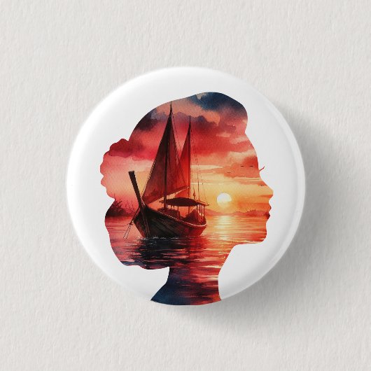 a woman's head enveloping a sunset with a sailboat 缶バッジ (正面)