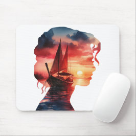 a woman's mask enveloping a sailboat at sunset マウスパッド
