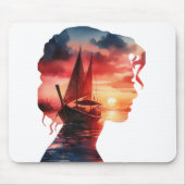 a woman's mask enveloping a sailboat at sunset マウスパッド (正面)