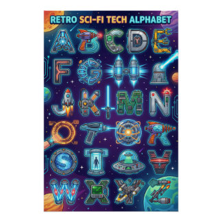 A-Z Retro Scifi Alphabet ポスター