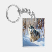 Aaskan Malamute雪のクリスマスを許可 キーホルダー (正面左)