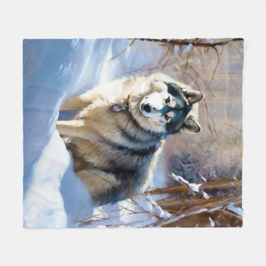 Aaskan Malamute雪のクリスマスを許可 フリースブランケット (正面(横))