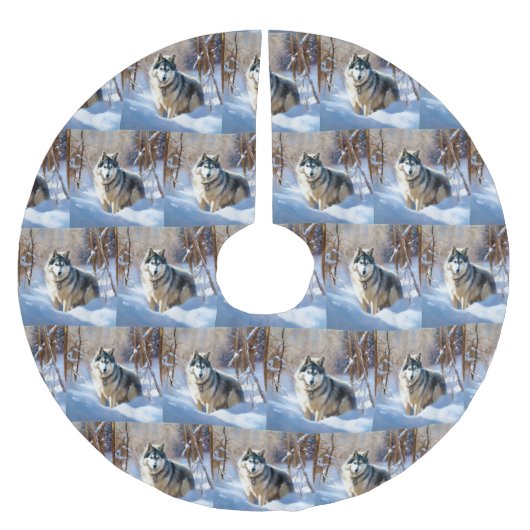 Aaskan Malamute雪のクリスマスを許可 ブラッシュドポリエステルツリースカート (正面)