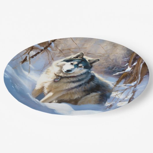Aaskan Malamute雪のクリスマスを許可 ペーパープレート (アングル)