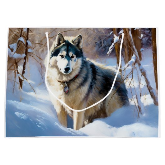 Aaskan Malamute雪のクリスマスを許可 ラージペーパーバッグ (正面)