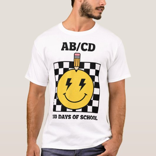 Ab Cd 100日目の学校 キッズ 鉛筆 チェッカーボード Tシャツ (正面)