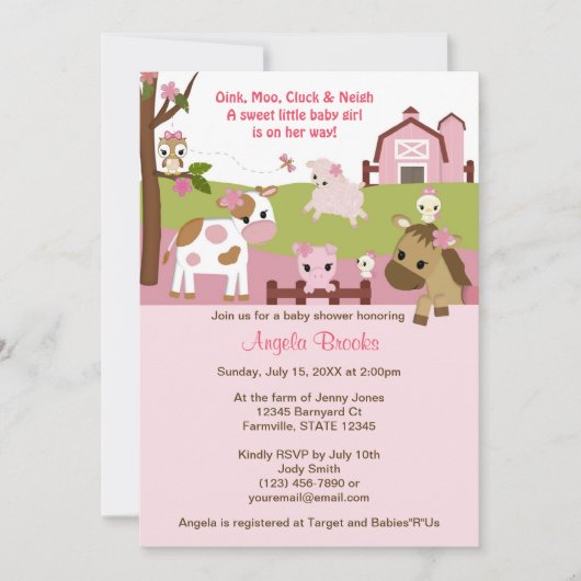 Abbyの家畜の女の子のベビーシャワーの女の子のピンク 招待状 (正面)