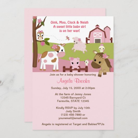 Abbyの家畜の女の子のベビーシャワーの女の子のピンク 招待状 (正面/裏面)
