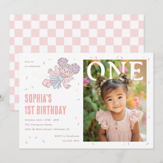 Abby Cadabby Pink Confetti First Birthday 招待状 (正面/裏面)