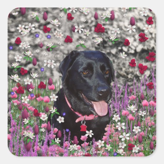 Abby in Flowers - Black Lab Dog スクエアシール (正面)