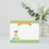 ABCが緑のベビー男女兼用シャワーを遮る サンキューカード (スタンド正面)