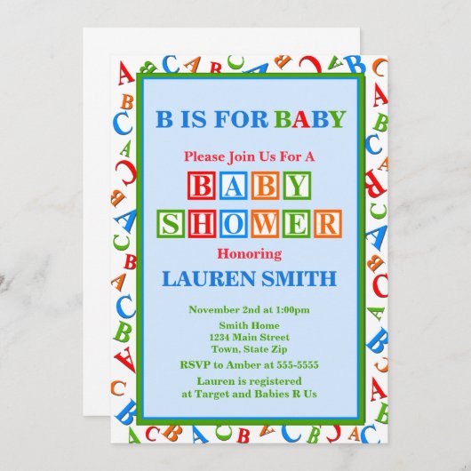 ABCのベビーシャワーの招待状の中立ベビーシャワー 招待状 (正面/裏面)