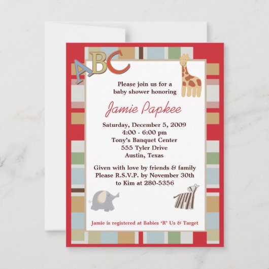 ABCアルファベッストライプのトスープベビーシャワー招待状 招待状 (正面)