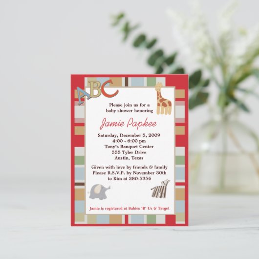 ABCアルファベッストライプのトスープベビーシャワー招待状 招待状 (スタンド正面)