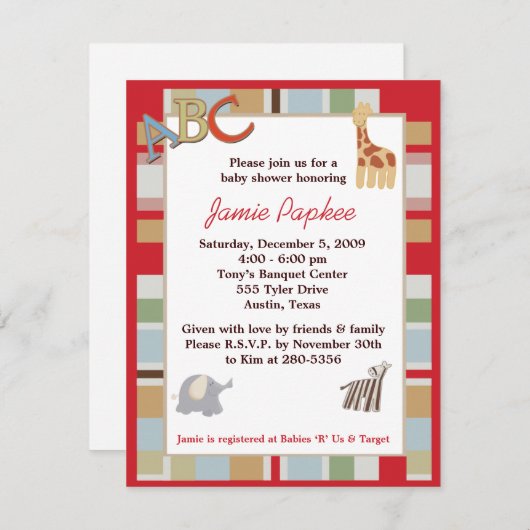 ABCアルファベッストライプのトスープベビーシャワー招待状 招待状 (正面/裏面)