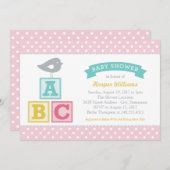 ABCアルファベットブロックピンクベビーガールシャワー 招待状 (正面/裏面)