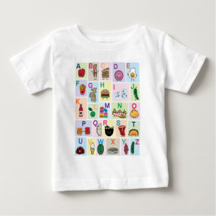 ABCアルファベ学ットの文字が幸せな食べ学物 ベビーTシャツ