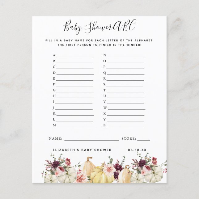 ABCゲーム |フローラカボチャ赤ちゃんシャワーゲーム (正面)