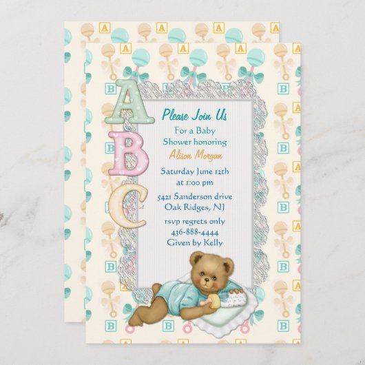 ABCテディシャワー招待状 – ピーチアンドアクア 招待状 (正面/裏面)