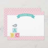 ABCブロックピンクとアクアガールベビーシャワー サンキューカード (正面/裏面)