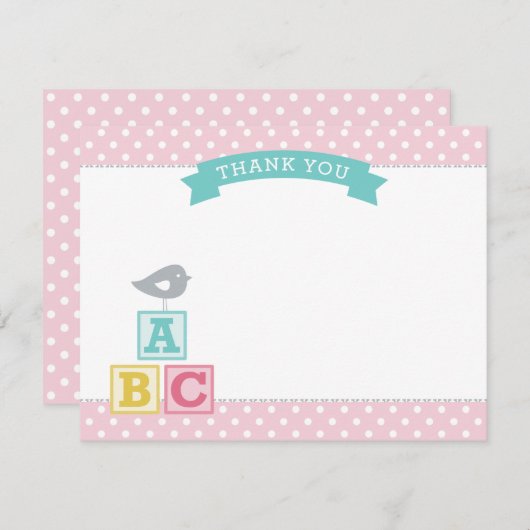 ABCブロックピンクとアクアガールベビーシャワー サンキューカード (正面/裏面)