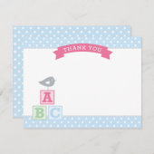 ABCブロックピンクと青の女の子ベビーシャワー サンキューカード (正面/裏面)
