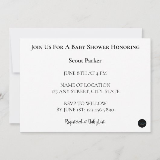 ABCブロック付き男の子の赤ちゃんシャワー 招待状 (裏面)