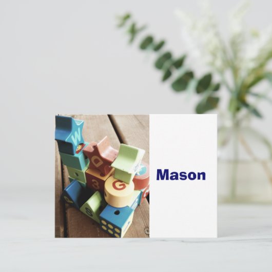 ABC木製ブロック（子どもの名前が書かれた席札） ポストカード (スタンド正面)