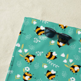 Abelhas fofas com flores ビーチタオル