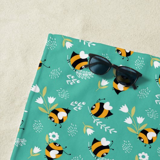 Abelhas fofas com flores ビーチタオル (インサイチュ)
