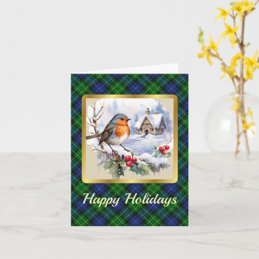 Abercrombieクレスト/タータンチェックとロビンのパーソナライズされたクリスマス カード (黄色い花)