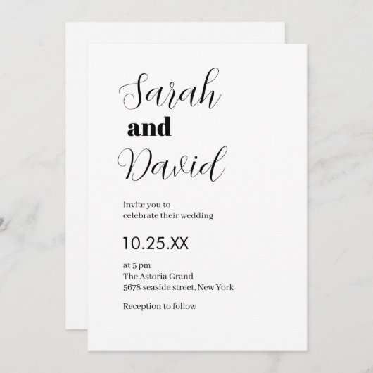 Abigail Font classic chic black and white wedding 招待状 (正面/裏面)