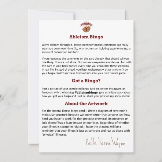 Ableism Bingo Card Mental Dishy Edition 招待状 (裏面)