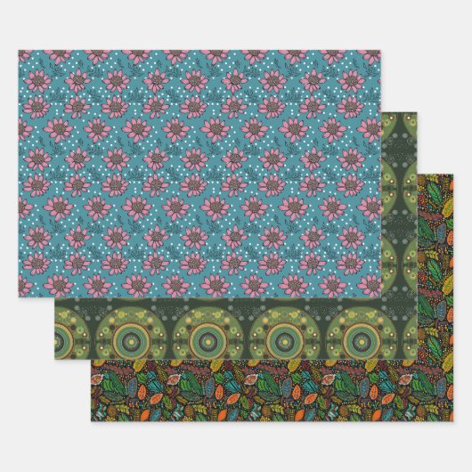 Aboriginalドットラッピング紙フラットシートセット3 ラッピングペーパーシート (セット)