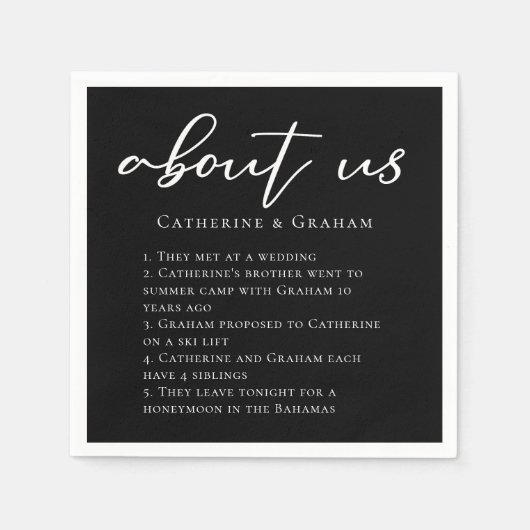 About Us Couples Factsトレンディーモダン・ブ結婚ラック スタンダードカクテルナプキン (正面)