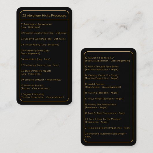 Abraham Hicks LOA 22プロセスリストブラックポケット ノートカード (正面/裏面)