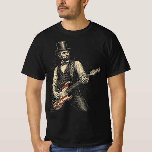 Abraham Lincoln Rock Guitar American Flag Tシャツ (正面)